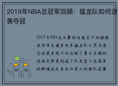 2019年NBA总冠军回顾：猛龙队如何逆袭夺冠